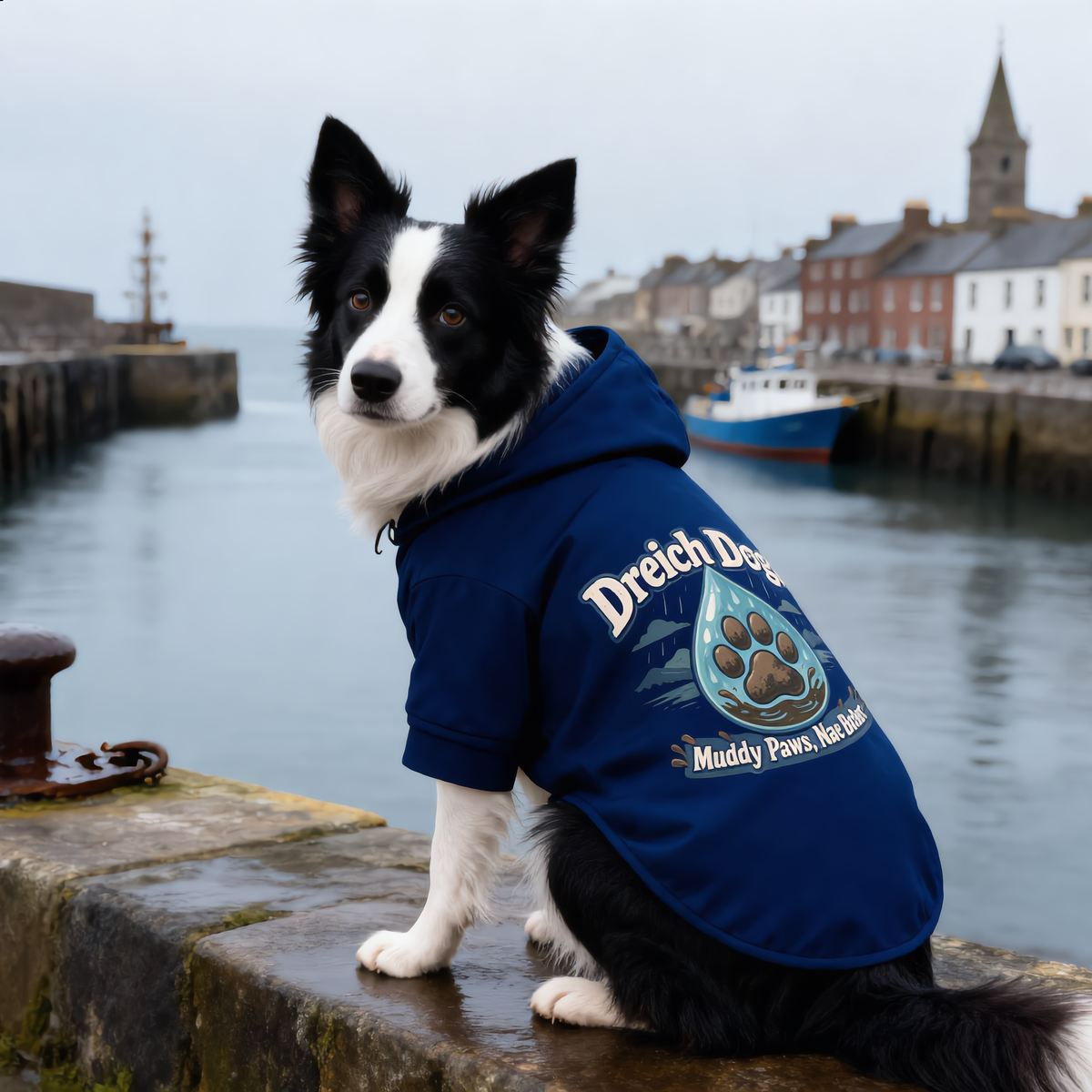 Border collie wearing the navy Dreich Dogs dog hoodie on a Scottish harbour wall
