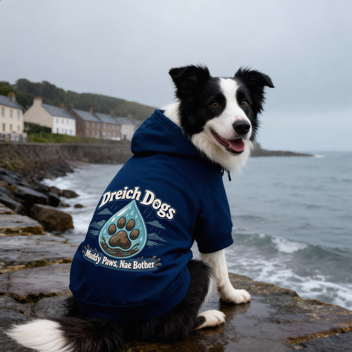 Border collie wearing the navy Dreich Dogs dog hoodie by the sea in Scotland