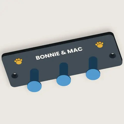 Personalised wall lead hook reading BONNIE & MAC with three blue pegs