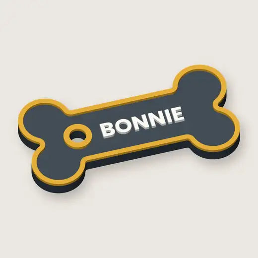 Personalised bone name tag reading BONNIE, slate with gold edge